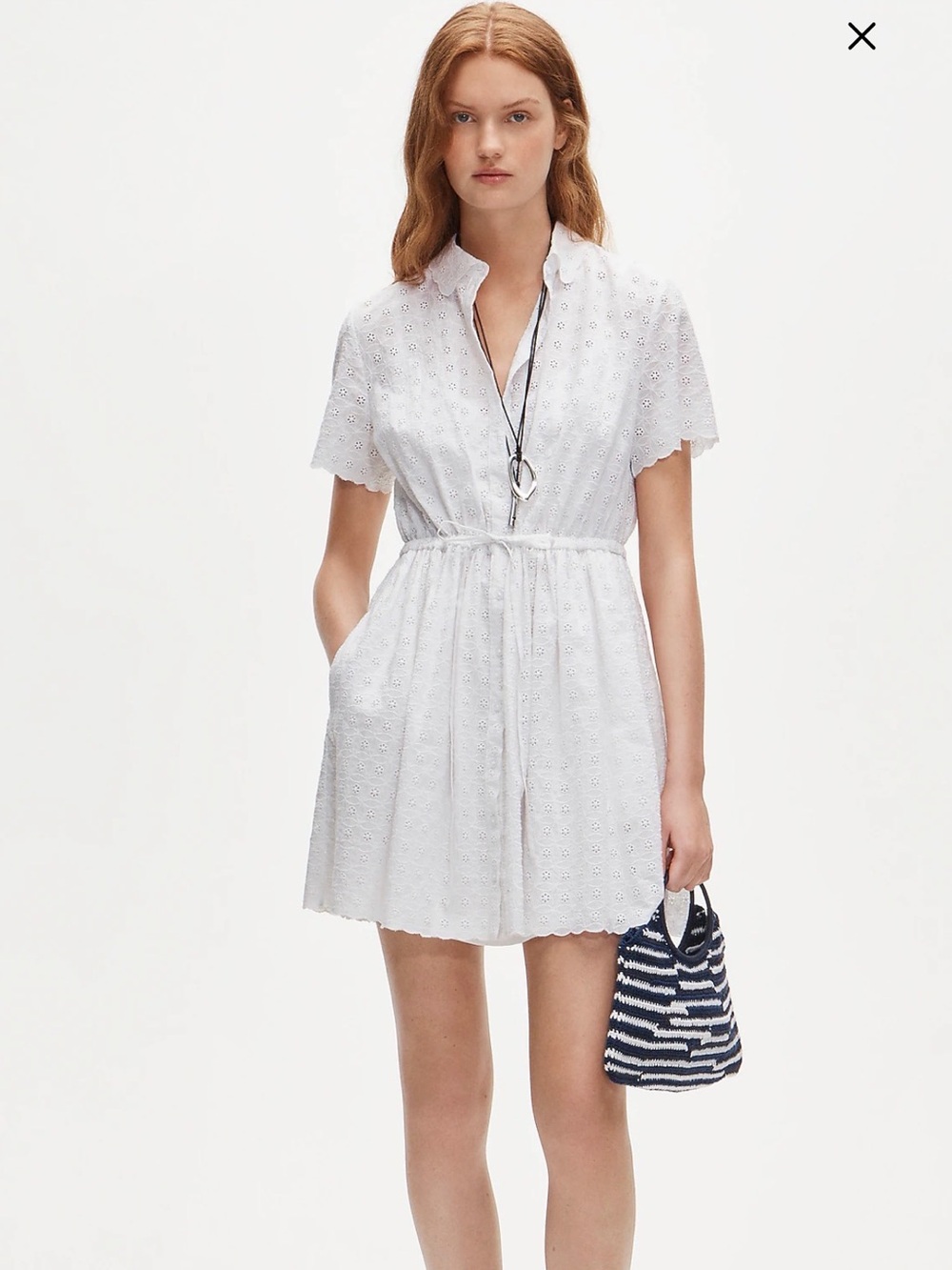 J. Crew Mini Cerise White Eyelet Drawstring Shirt Dress